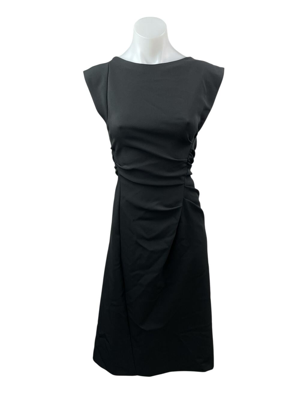 Zara Women's Black Side Ruched Boat Neck Cap Sleeve Slim Midi Sheath Dress Sz XS